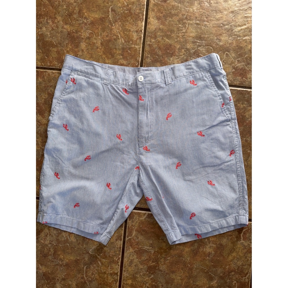 Cremieux Mens 38 Seersucker Shorts Blue White Striped Lobster Embroidered Preppy